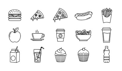 Food and Drink Line Art Icon Set Black and White Outline Vector Collection