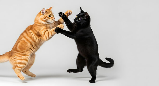 Energetic orange tabby and sleek black cat engage in a dynamic wrestling match, showcasing playful interaction and natural feline agility against a clean studio backdrop