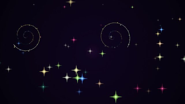 A celestial display of stars and swirling spiral patterns in the night sky viewed from a distant planet