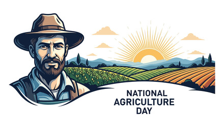 Vector illustration of a farmer on National Agriculture Day with a scenic landscape of farmland and a sunny sky © suparta