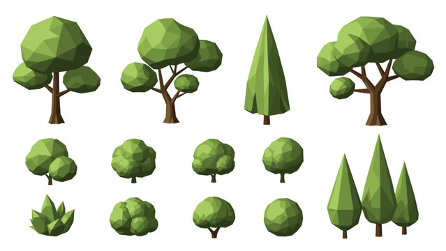 Set of low poly green trees and bushes in various shapes and sizes for 3D environment modeling or garden landscaping projects.