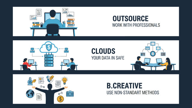 Three horizontal banners illustrate corporate services including outsourcing with professionals, cloud data security, and creative methods.