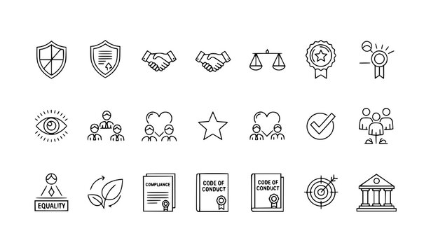 A set of line art icons representing business compliance and ethics