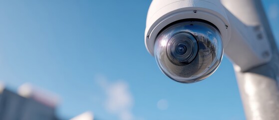 The Security Camera Dome Mounted Outdoors Monitoring Urban Area Under Clear Blue Sky