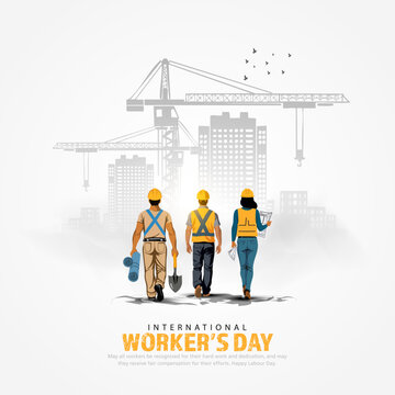 happy Labour day or international workers day vector illustration, site engineer, labour with safety cap going to construction site. labor day and may day celebration design.