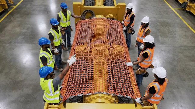 Team ensures safe handling. Technicians and riggers work precisely inside warehouse environment. Meticulous procedures observed by staff securing heavy equipment under strict safety guidelines