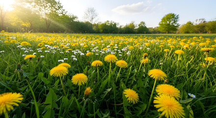 Obraz premium Golden dandelions and white daisies bloom in a sun-drenched meadow during springtime