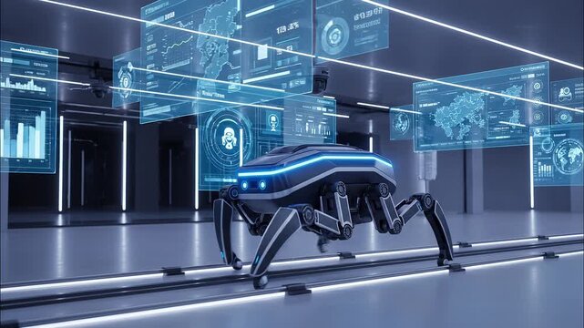 Futuristic spider robot monitors complex data in a high-tech environment, surrounded by holographic interfaces displaying global analysis and security information. Illustrates artificial intelligence.
