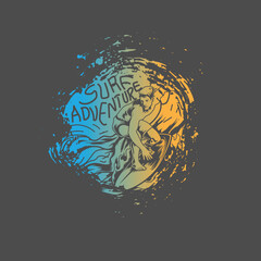 Surf Adventure surfer waves splatter vector graphic tee design © SS-Designs
