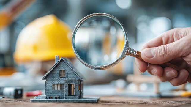 engineer use magnifying glass inspecting construction new house.inspecting construction and quality assurance new house. Engineers or architects or contactor work to build the house.