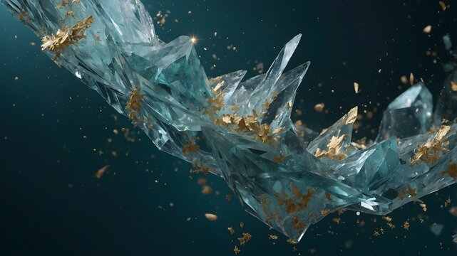 Cristal estallando en fragmentos con part&iacute;culas doradas sobre fondo oscuro