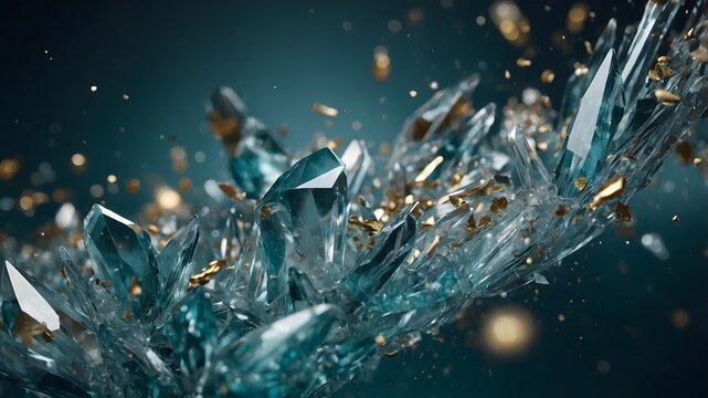 Fragmentos de cristal en explosi&oacute;n con luces brillantes sobre fondo oscuro