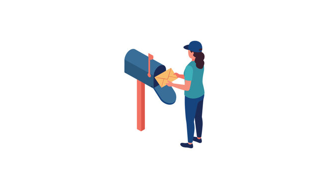 woman checking mailbox with letters in hand isometric illustration