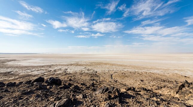 Dramatic desert landscape under a bright blue sky with wispy clouds.