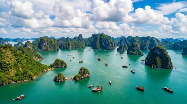 Aerial view of Ha Long Bay Vietnam: A stunning seascape with limestone karsts.