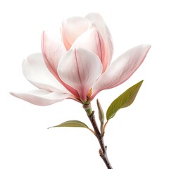 Fototapeta premium Graceful pink magnolia flower against pure white background, showcasing delicate petals and leaves