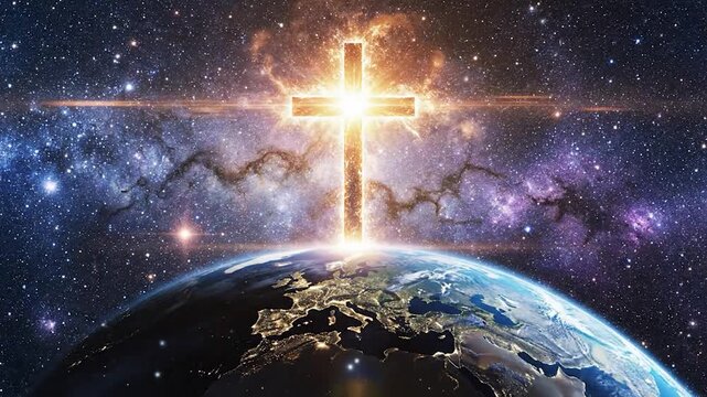 Bright glowing cross rising from planet earth into starry galaxy with celestial light