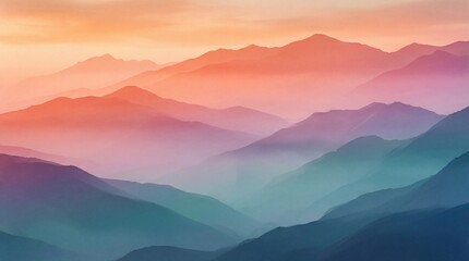 Serene mountain range landscape with vibrant colors and misty atmosphere.