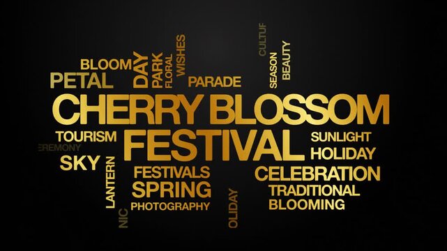 Cherry Blossom Festival concept Animated Tag Word Cloud kinetic typography, Text Design Animation typography seamless loop video motion graphics Intro Wordart hanami gold golden type on black backgrou
