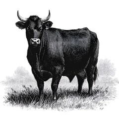 A vintage illustration shows a majestic black bull standing proudly in a grassy field with its impressive horns and powerful build displayed.