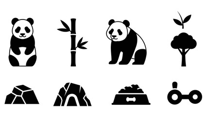 Fototapeta premium black and white panda bear bamboo tree cave and pet food bowl hand drawn silhouette icon set