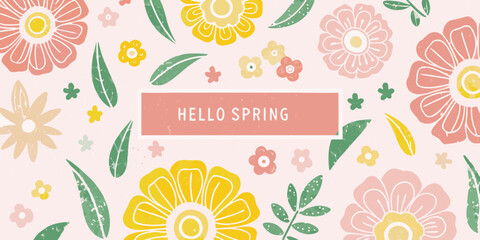 A colorful floral pattern with a hello spring greeting © Dipu