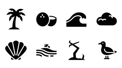 Fototapeta premium black beach and ocean summer icons set in flat style for travel and nature design