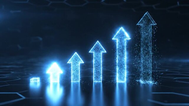 Digital particle arrows moving upward on hexagonal grid technology background