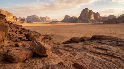Obraz premium Majestic Desert Landscape with Rock Formations at Sunset.
