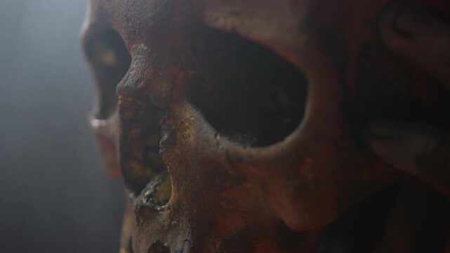 Close-up of rustic skull in hand, mysterious lighting, eerie and atmospheric mood