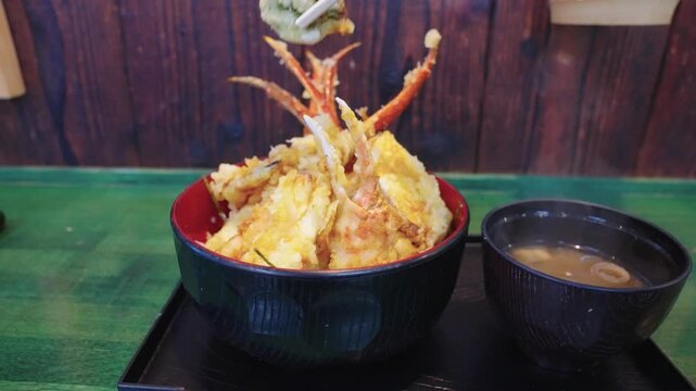 Delicious Crab Claws, Tempura Tendon Meal in Kinosaki Onsen Japan