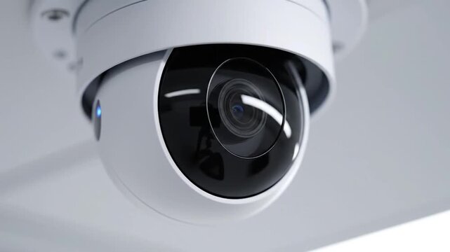 Modern white ceiling mounted security camera with blue indicator light