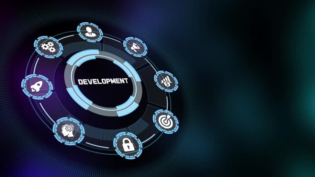 Futuristic HUD Interface with Development Text and Digital Icons Representing Software Engineering, Modern Programming, and Technology Growth.
