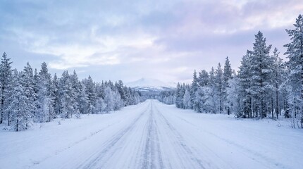 Snowy road through a winter wonderland with snow-covered trees.