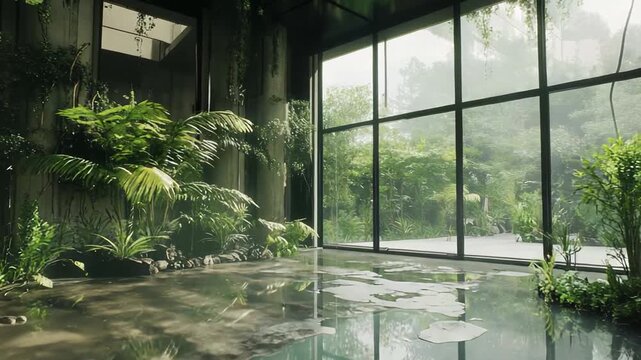 Lush green foliage overtaking a modern glass walled interior, tropical plants reflecting on a wet floor, blending architecture and wild regeneration in a serene, empty space