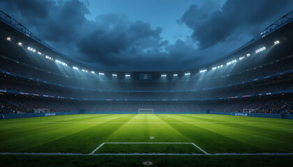 Dramatic nighttime soccer stadium with bright field and cloudy sky