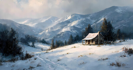 Fototapeta premium Winter Mountain Cabin Oil Painting Snowy Landscape Rustic Log House Illustration