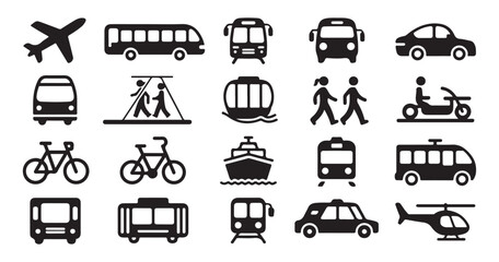 Transportation icon set featuring various modes of travel including public transit car plane boat and bicycle © Nayan Arts