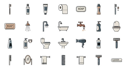 Fototapeta premium Minimal Bathroom Icon Set with Toilet, Sink, Shower and Hygiene Symbols for Hotel Signage, Real Estate Floor Plan and Mobile App Interface Design