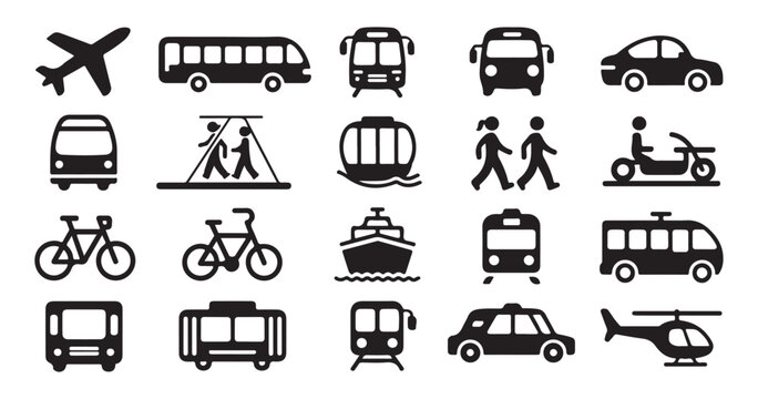 Transportation icon set featuring various modes of travel including public transit car plane boat and bicycle