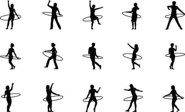 Hula hoop fitness silhouettes collection isolated on white background, men and women exercising with hoop workout vector illustration set
