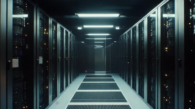 Data center corridor with glowing server racks, symbolizing an advanced computing infrastructure and the backbone of digital information storage and high speed networking