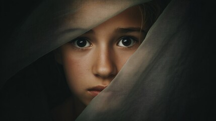 Emotional portrait of a girl veiled in translucent fabric indoor setting photography dramatic lighting intimate view