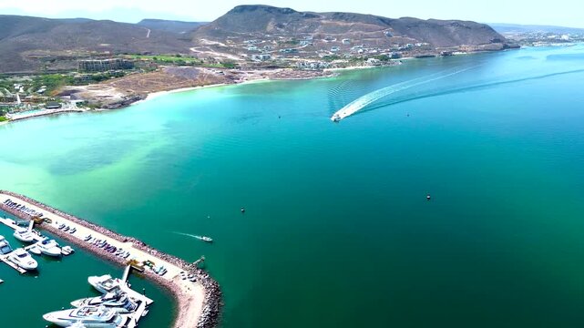 Aerial view of the ocean and the marine in La Paz, BCS