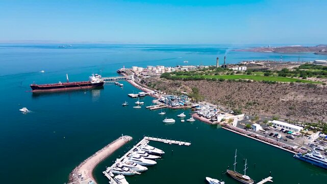 Aerial view of the industrial oil port and a golf courte in La Paz, BCS