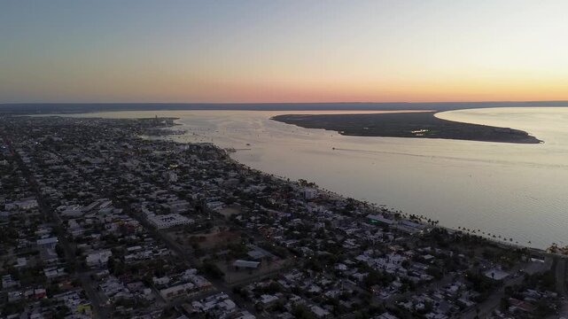 Frontal shot of the Mogote bay at sunset in La Paz, BCS