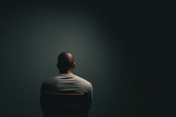 Man sitting in chair facing away minimalist studio portrait photography dark environment introspective view subtle emotions