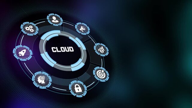 Secured cloud computing ecosystem interface with central text "CLOUD" and distributed storage icons.