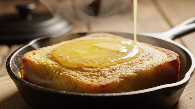 Warm cornbread fresh from the skillet with a golden topping being poured, inviting steam rising upwards.