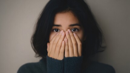 Emotional woman covering face with hands in moment of regret indoor portrait calm environment close-up perspective